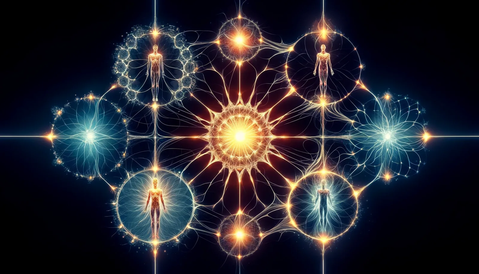 Glowing human figures inside linked circles of light around one bright core, bodies as modes of one substance