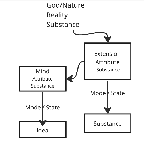 Boxes and arrows running from God or Nature to the attributes of extension and mind, then to substance and idea