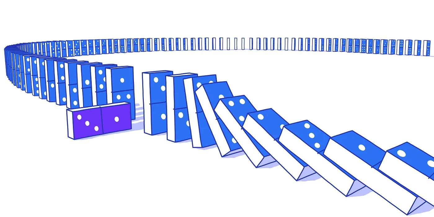 A long curving line of dominoes mid fall, with one purple tile left standing beside the blue chain