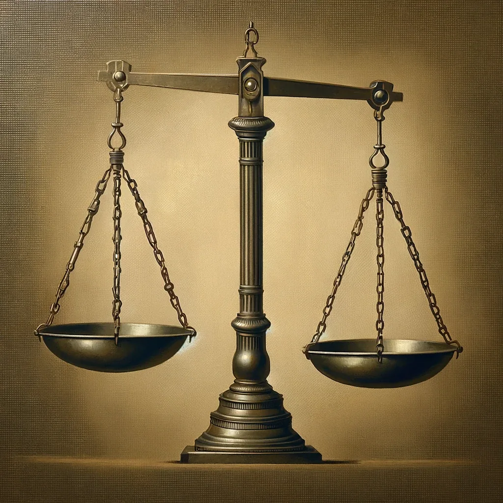 Antique brass balance scale with two empty pans hanging level, painted in warm sepia tones