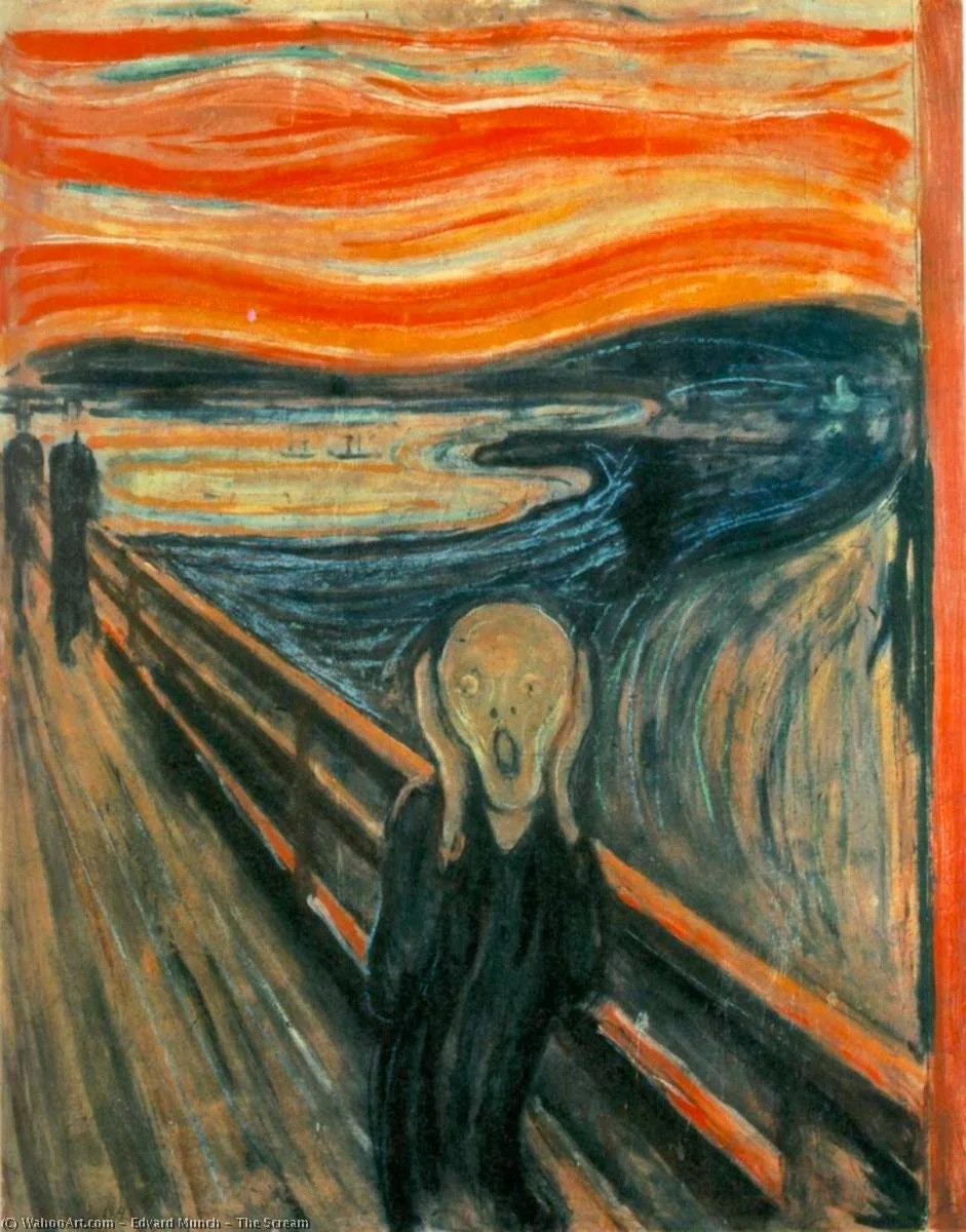 The Scream by Edvard Munch, a hollow eyed figure clutching its face on a bridge under a red sky