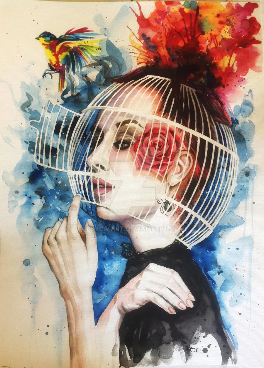 Watercolour of a woman with a birdcage drawn over her head while a bright bird perches outside it