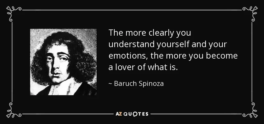 Quote card pairing a woodcut of Spinoza with his line about understanding yourself and your emotions