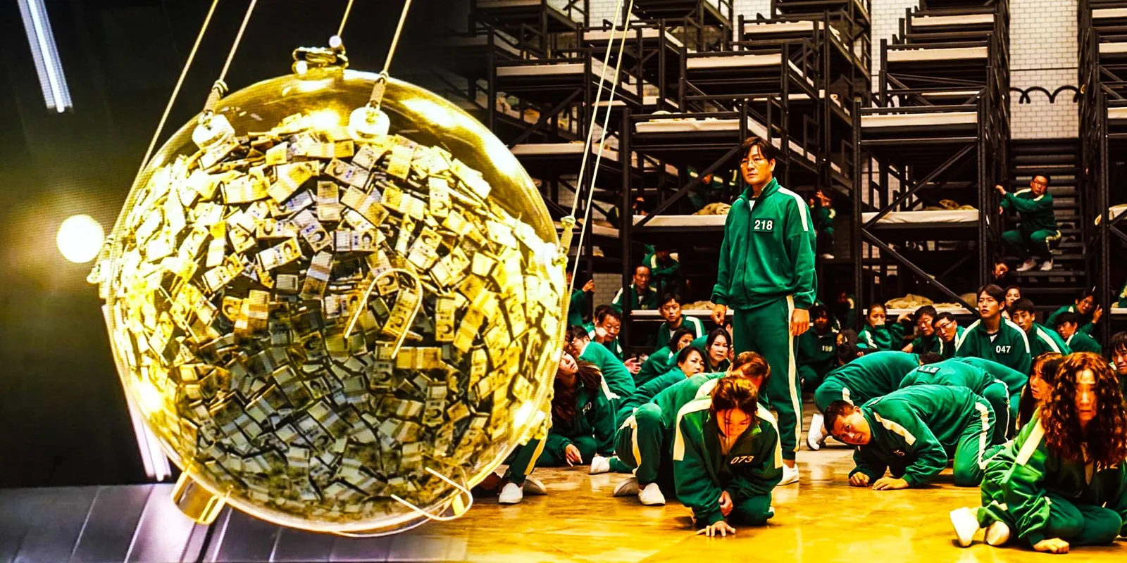 Frame from a TV show, players in green tracksuits kneeling under a giant glass ball stuffed with banknotes