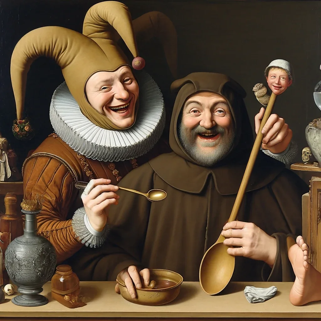 Painting of a grinning jester and a hooded monk leaning together at a table, holding spoons
