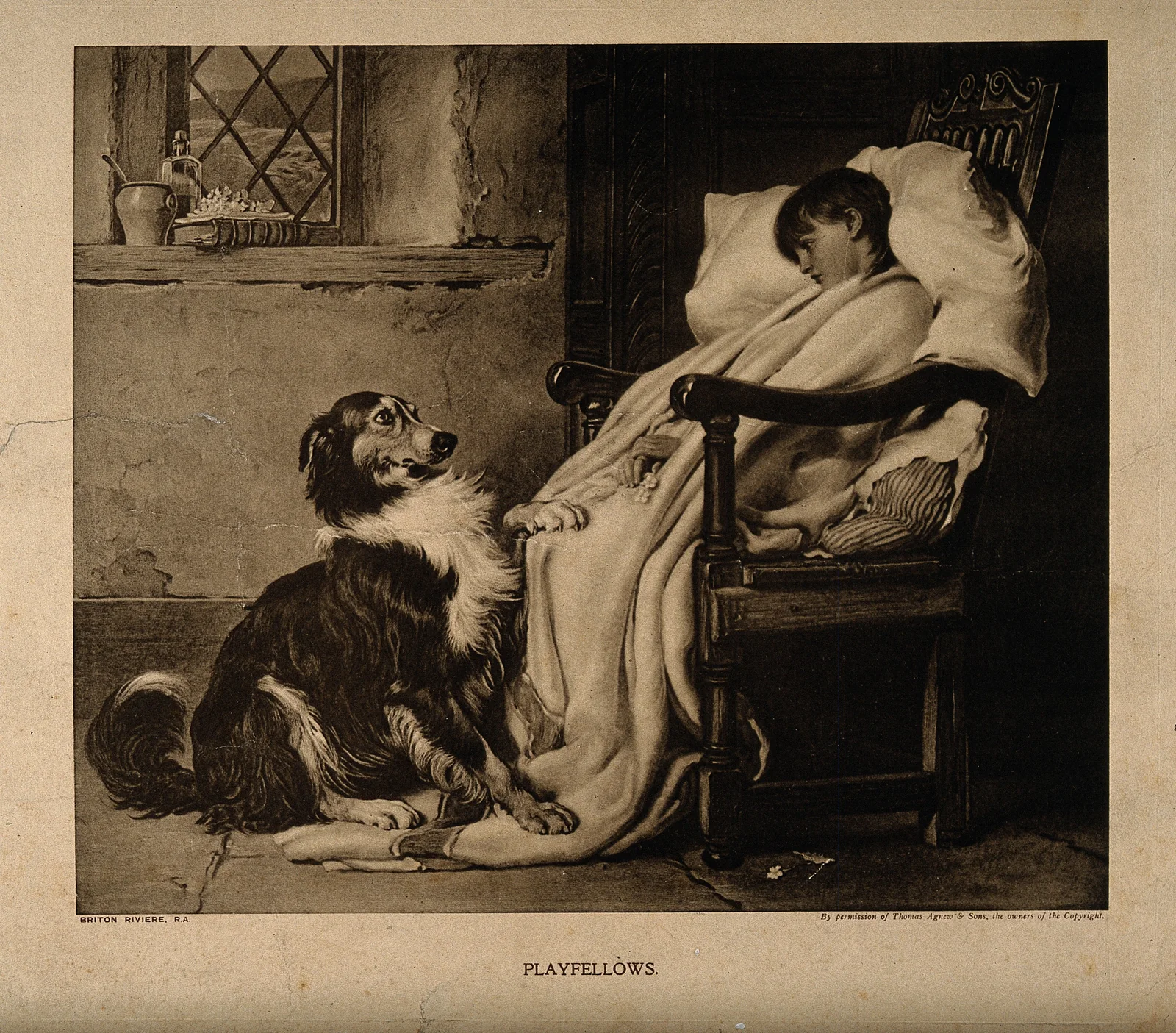 Sepia print of a collie resting a paw on the blanket of a child asleep in a fireside chair