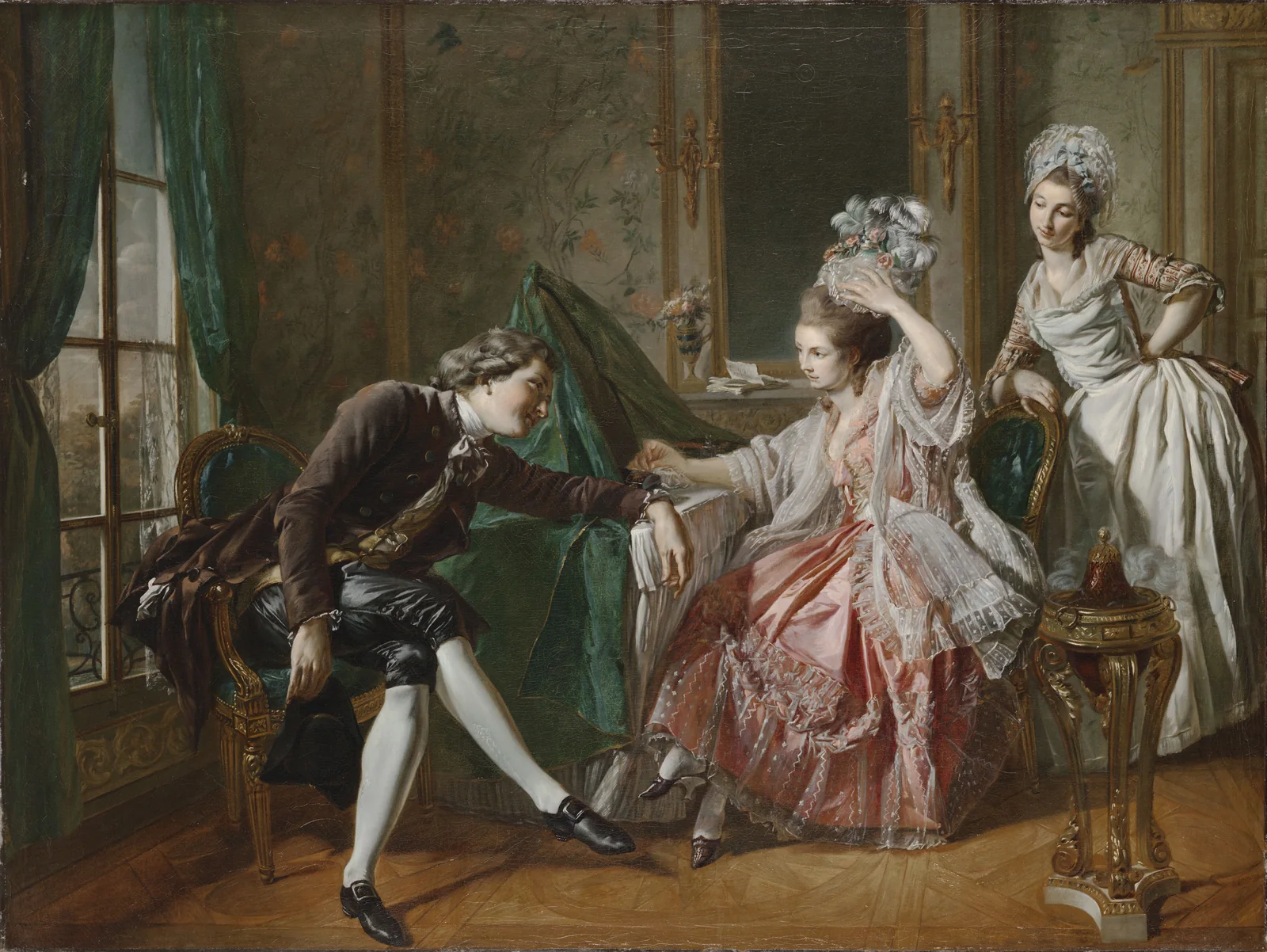 Painting of a man leaning toward a seated woman in pink while her maid watches from behind