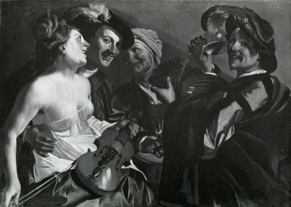 Black and white photo of a painting, a woman with a violin among laughing men raising glasses