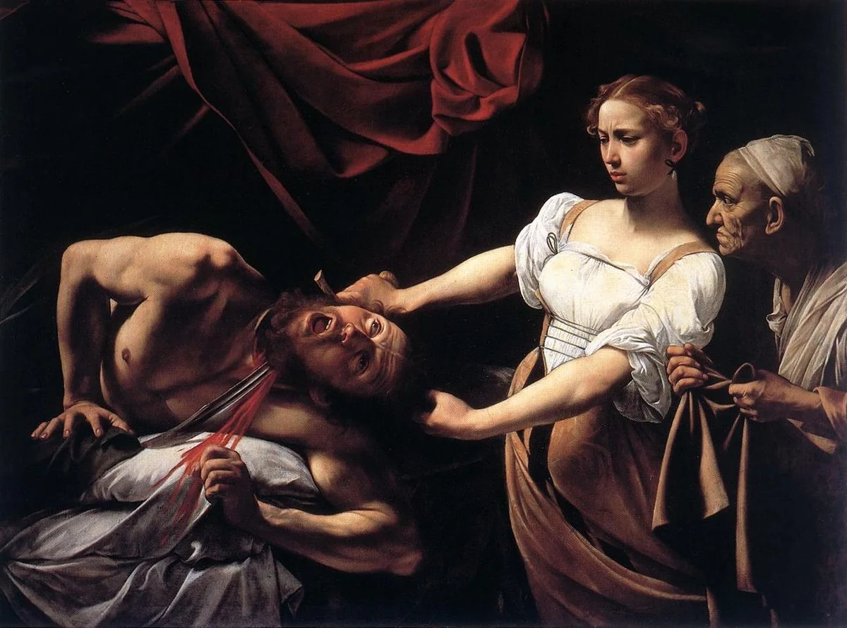 Judith gripping the hair of Holofernes and cutting his throat while an old servant looks on