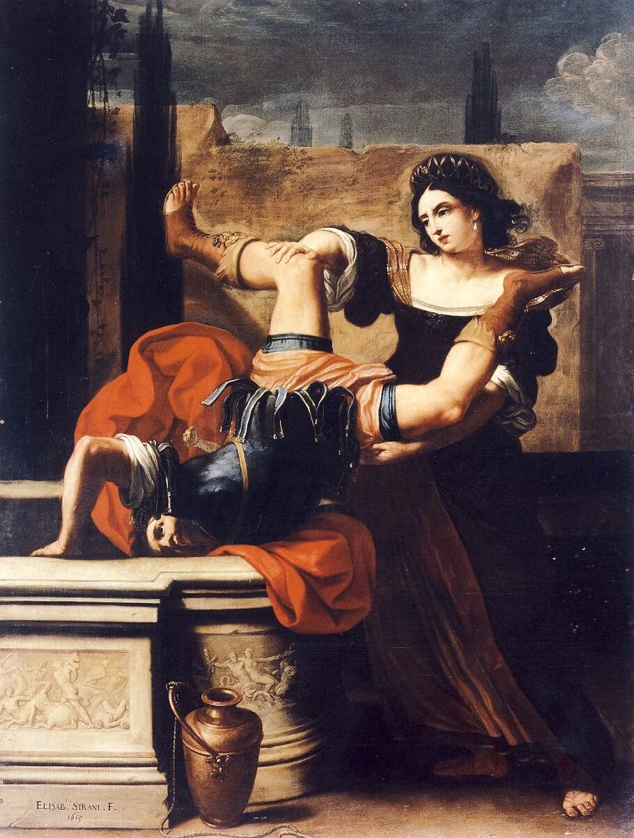 Painting of a woman tipping an armoured soldier head first into a well beside a stone wall
