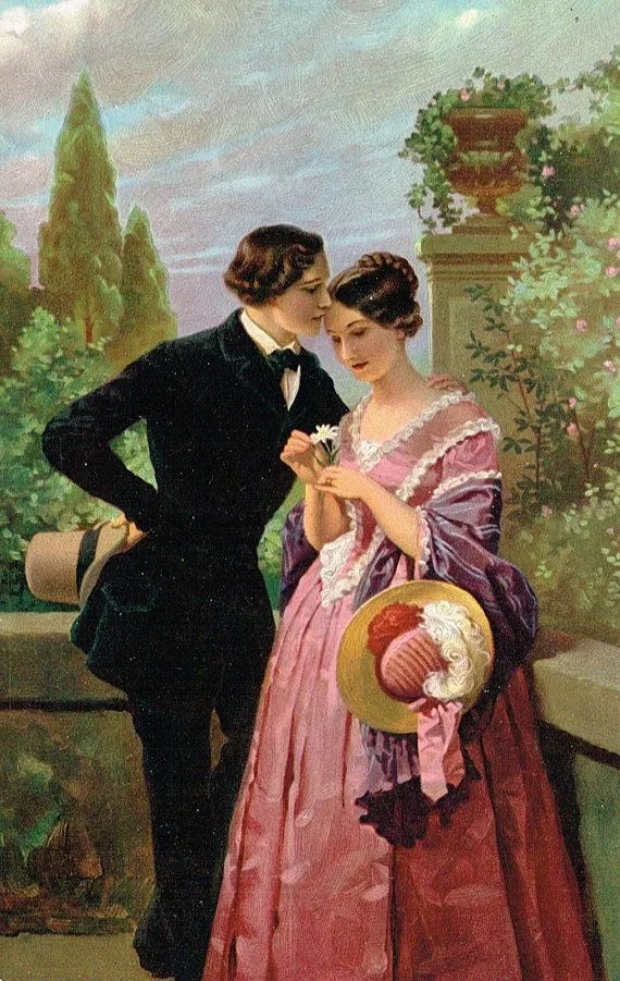 Painted postcard of a young man leaning close to a woman in a pink dress holding a daisy
