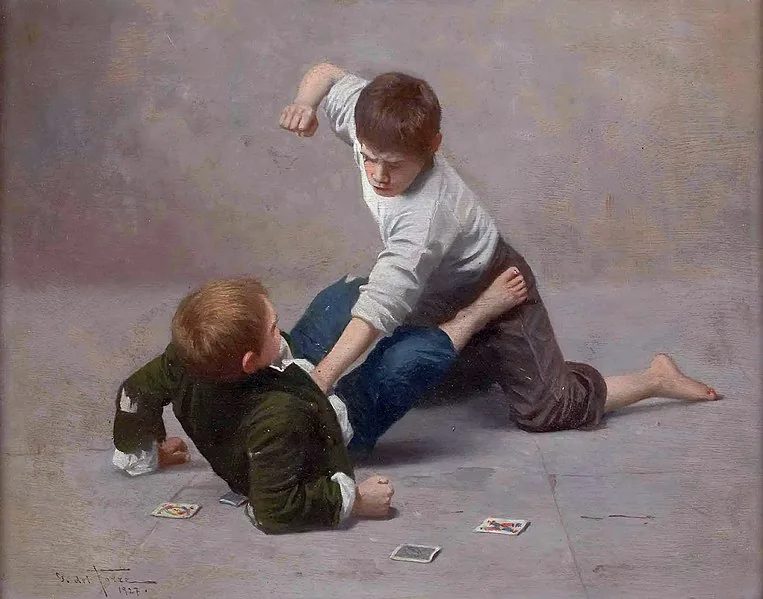 Painting of two boys wrestling on the floor, one fist raised, playing cards scattered around them