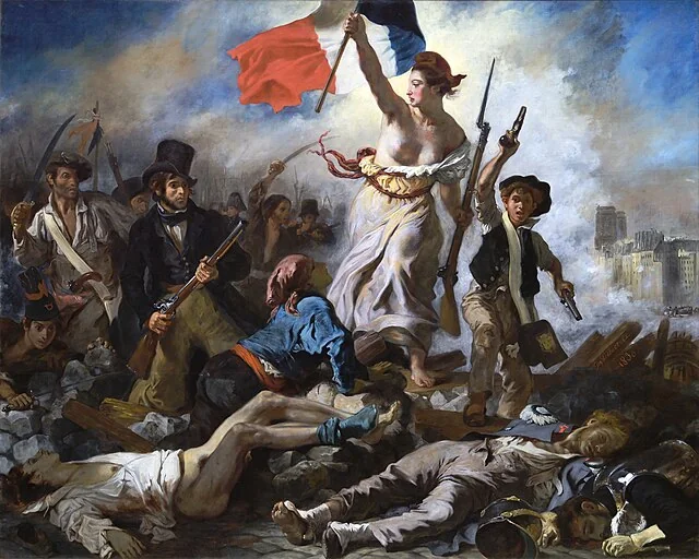 Liberty Leading the People, a woman raising the French flag and a musket above fallen bodies