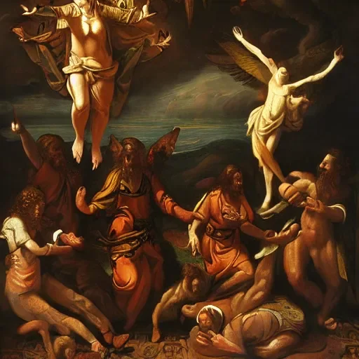 Dark painting of robed figures reaching up toward a glowing rising figure and a winged one