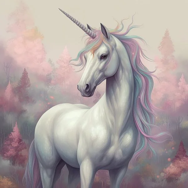 A white unicorn with a pastel mane standing in a misty pink forest