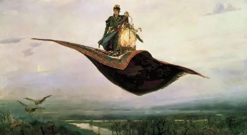 Painting of a figure riding a flying carpet above a river plain, carrying a glowing lantern