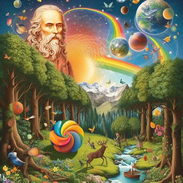 Painting of a huge bearded stone face over a forest, with planets, a rainbow, animals and a stream