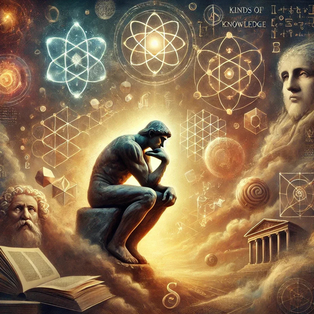 The Thinker statue amid glowing atom symbols, geometric grids, marble busts and an open book