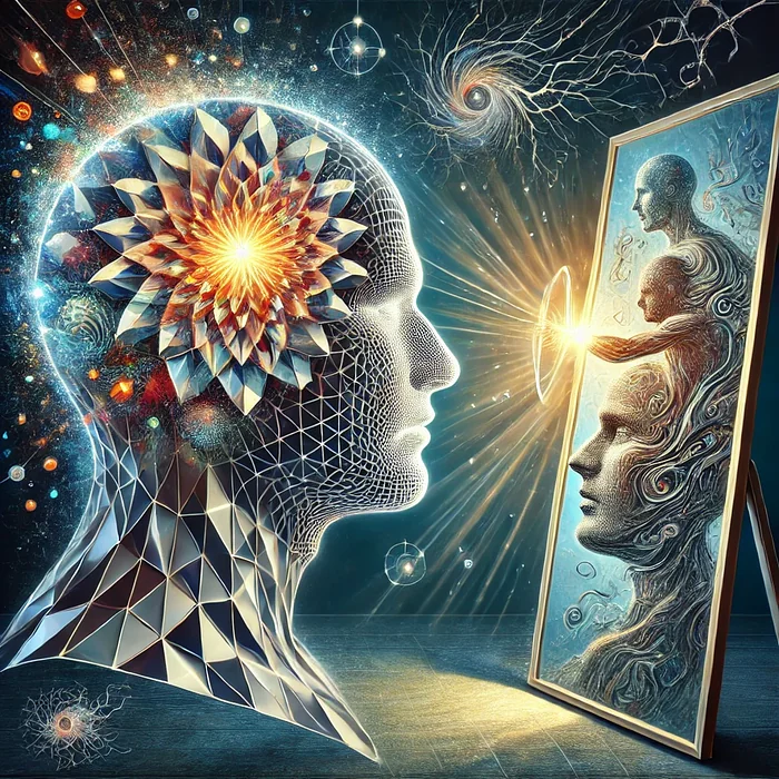 A wireframe human head facing a mirror, with a burst of light between the head and its reflection