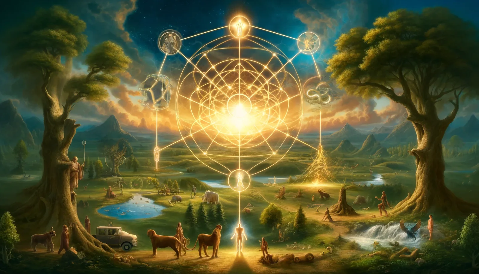 Glowing web of circles and lines linking people, animals and trees in a green landscape, all one substance