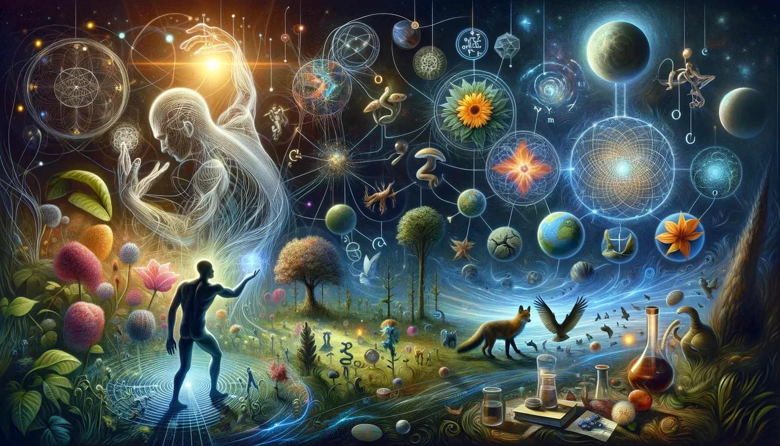 A figure walking through a dreamlike field where plants, animals and planets hang in linked bubbles