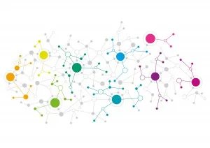 Scattered coloured dots joined by thin lines into a loose network, like linked memory nodes