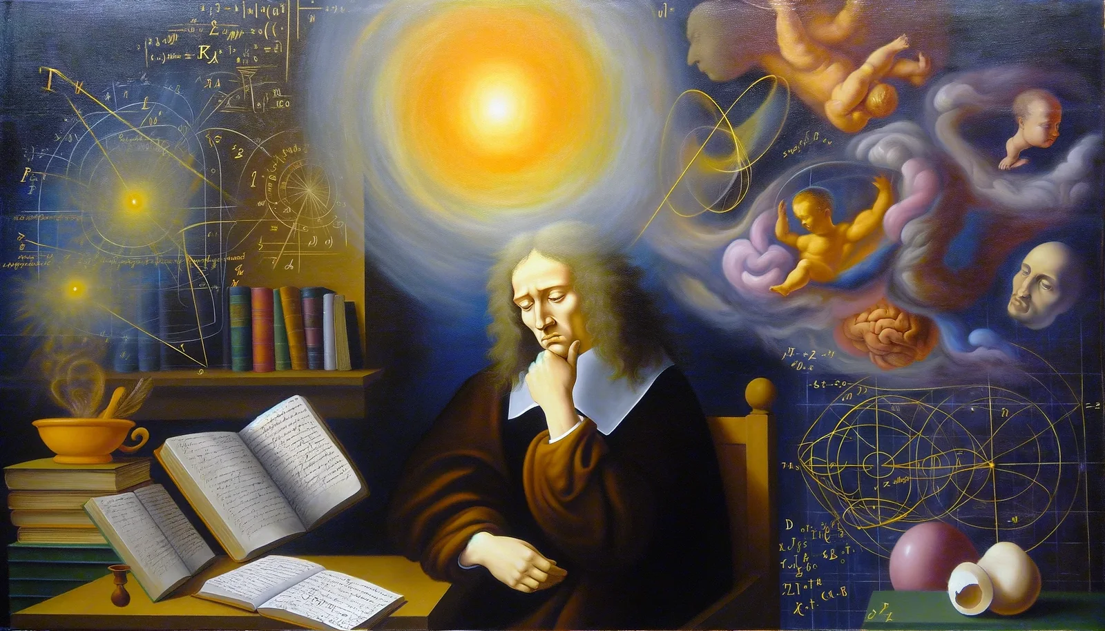 Painted scholar in a dark robe thinking over open notebooks, ringed by equations, a sun and a brain