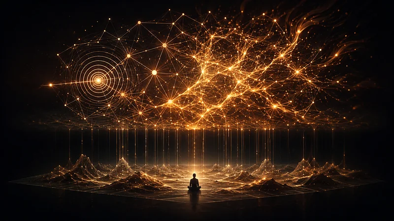 A lone seated figure beneath a vast glowing net of nodes whose threads fall to the ground