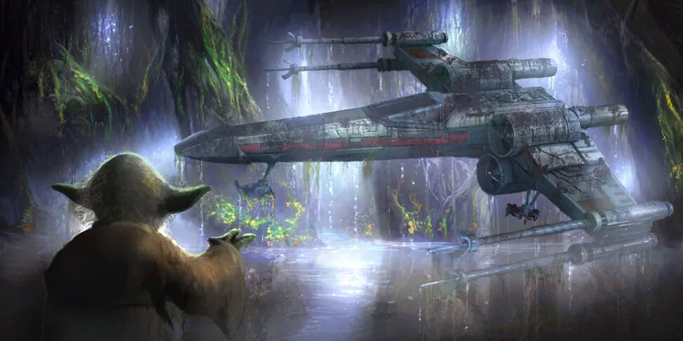 Yoda raising a hand as an X wing fighter lifts out of a swamp, a law of nature apparently broken