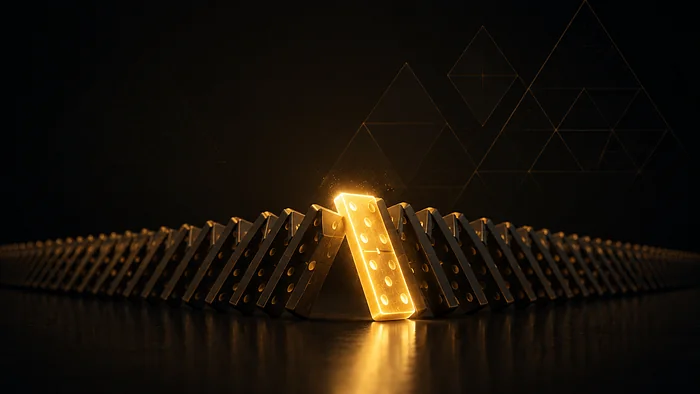 One glowing gold domino standing in a long V of dark dominoes, the cause that starts the chain