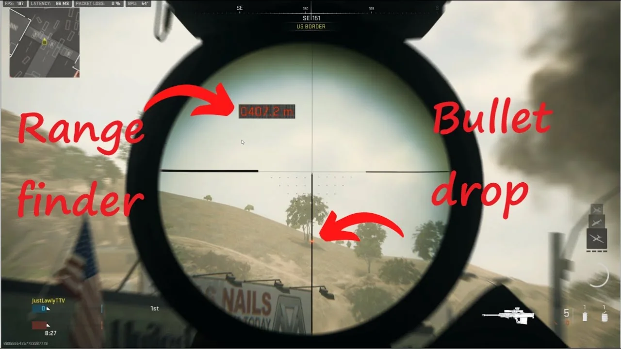 Video game sniper scope frame with red labels pointing at the range finder and the bullet drop