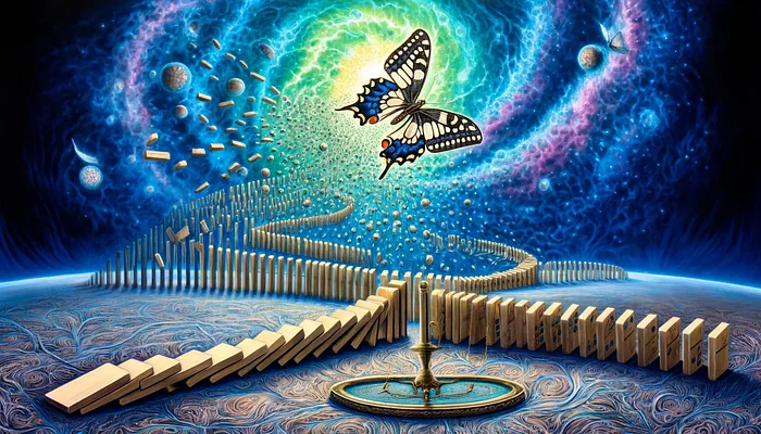 Toppling line of dominoes winding across a patterned world under a cosmic swirl, a butterfly above