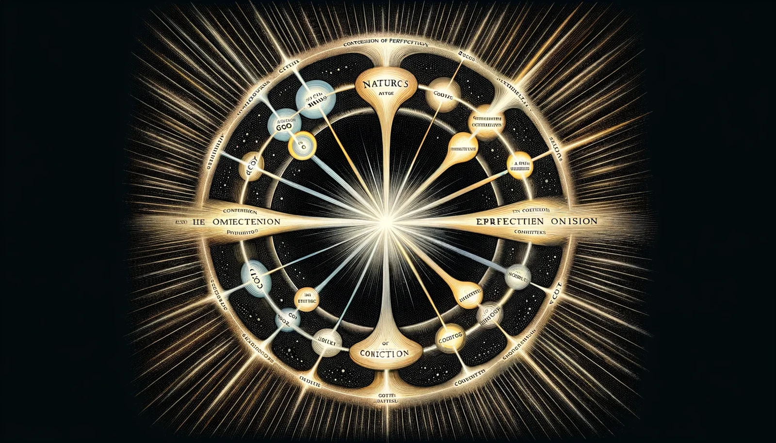 Radiant circular diagram of linked nodes labelled Nature, God and perfection around a burst of light