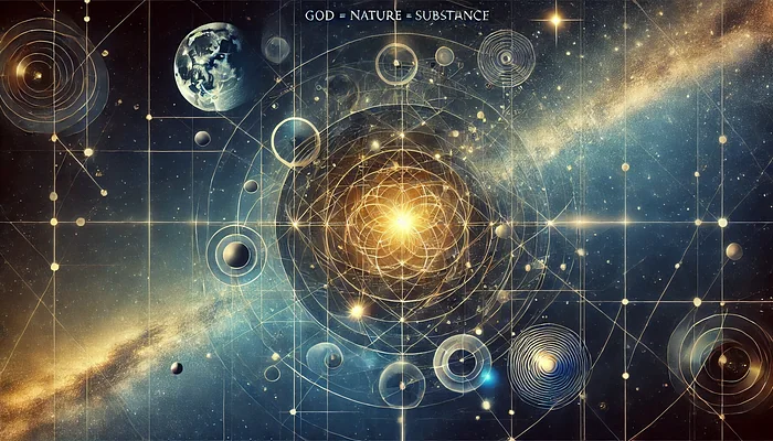 Starfield of orbits and glowing rings under the line God equals Nature equals Substance