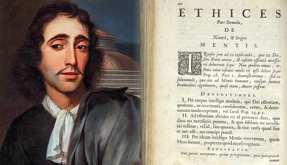 Portrait of Spinoza beside an open Latin page headed Ethices Pars Secunda